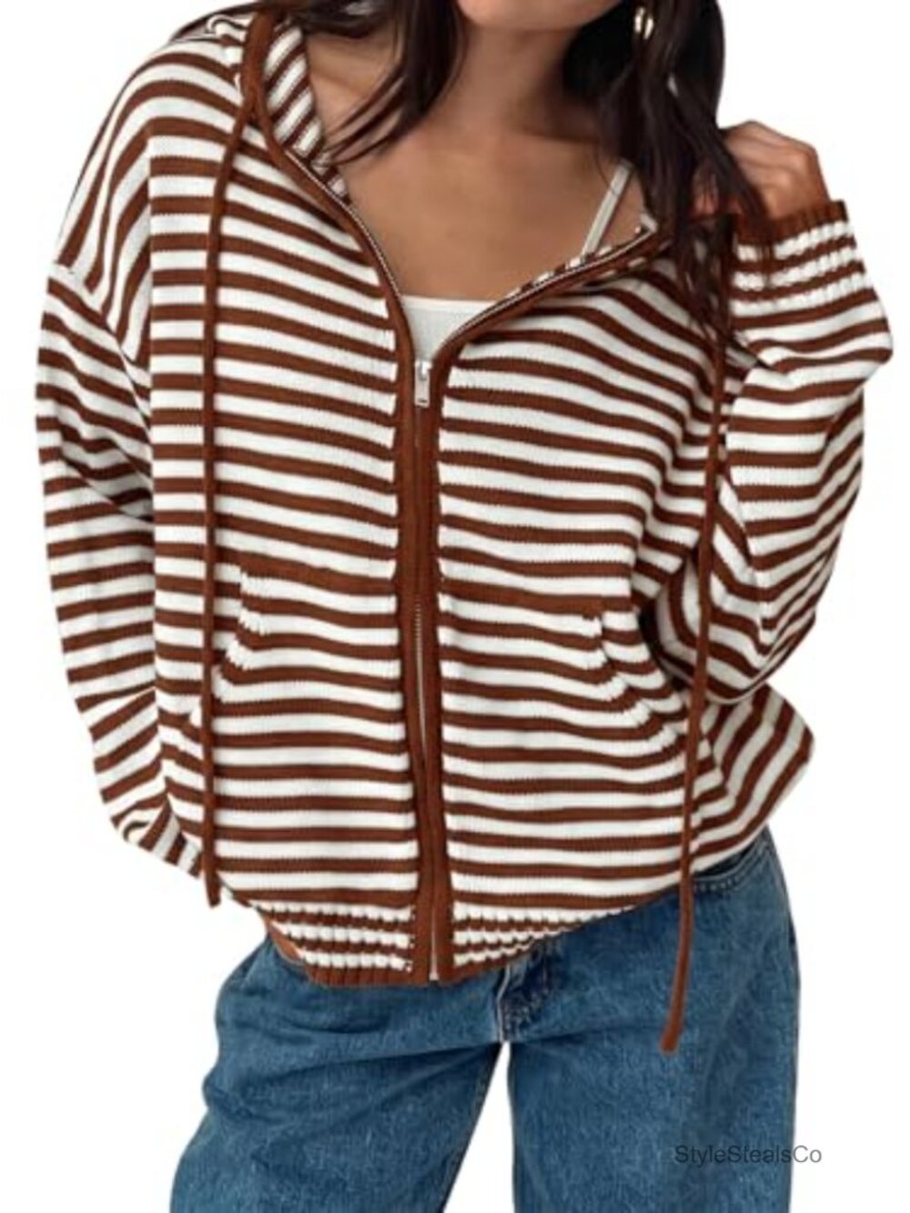 Oversized Striped Crop Cardigan Zip Hoodie Long Sleeve Y2K Sweater